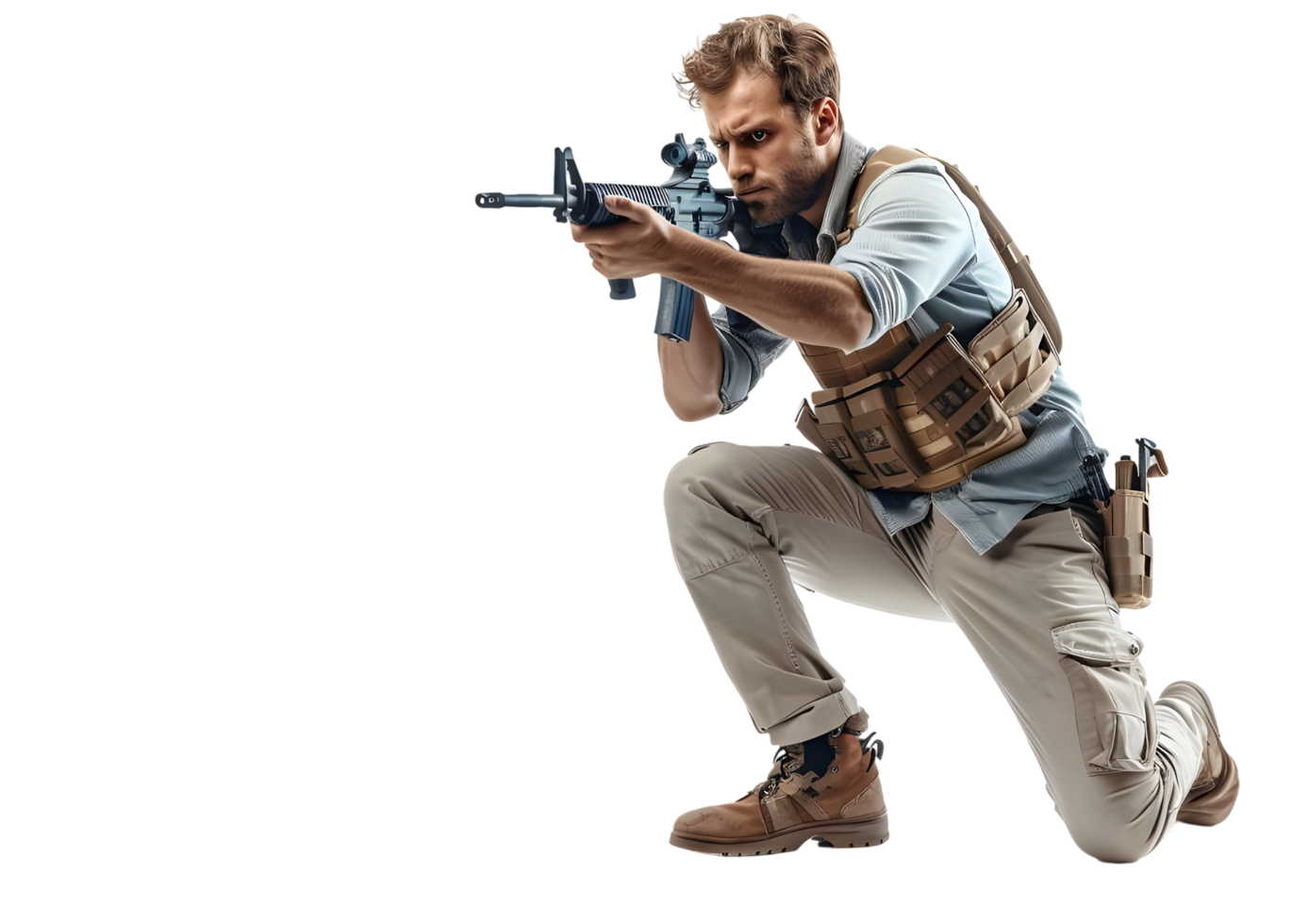 Armed soldier aiming with a rifle. Isolated on transparent background png