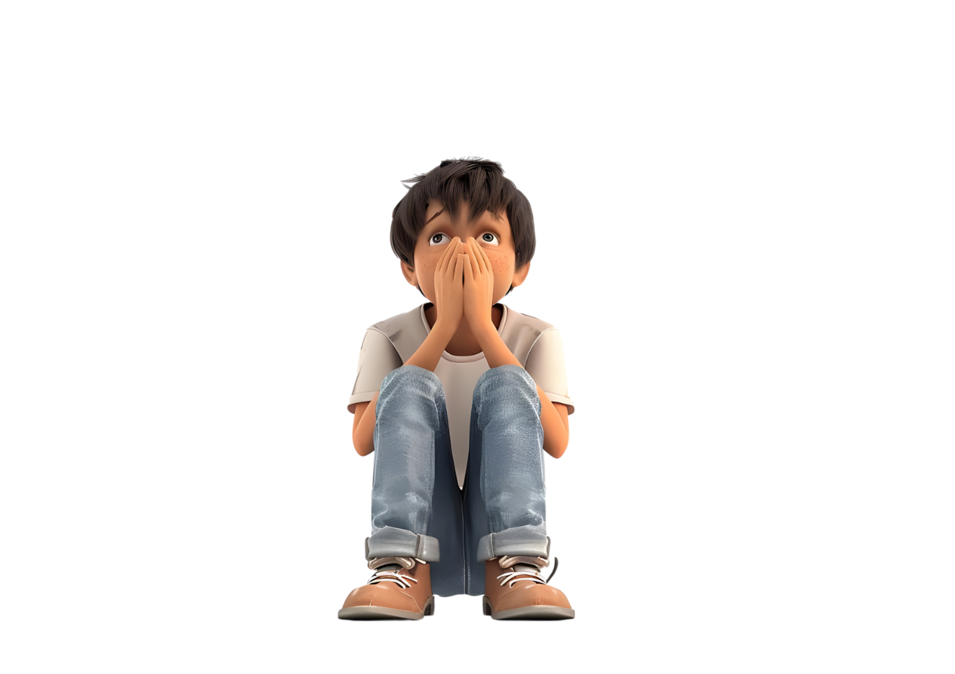A cartoon boy sits with his hands over his mouth and his eyes open wide in surprise. Isolated on transparent background png