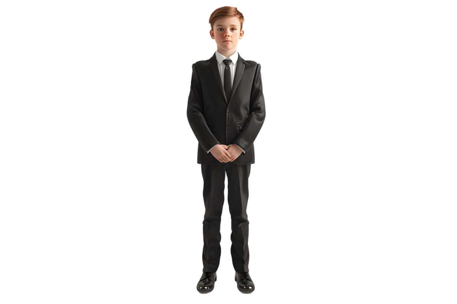 Young boy in a suit standing with hands clasped. Isolated on transparent background png