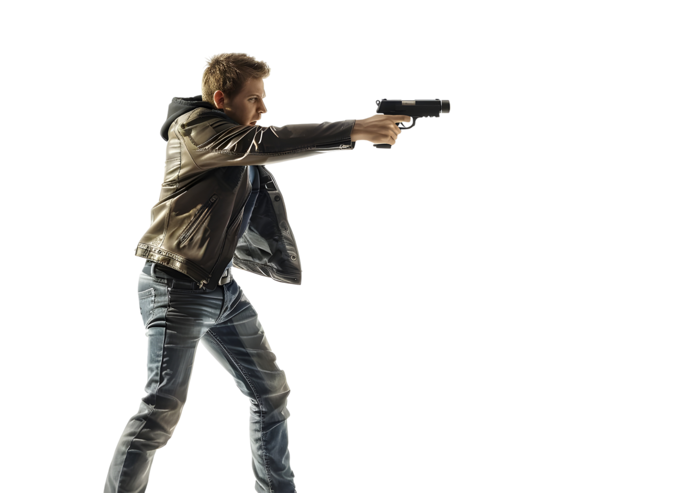 Man with gun pointing. Isolated on transparent background png