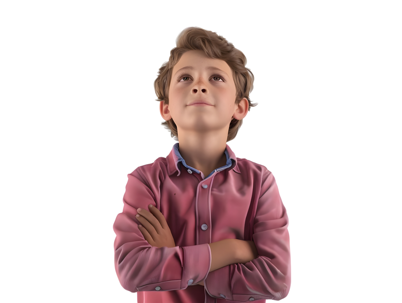Portrait of a young boy with a hopeful expression looking upwards. Isolated on transparent background png