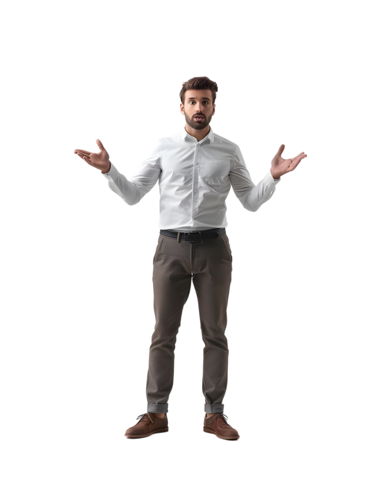 Confused man in white shirt and brown pants. Isolated on transparent background png