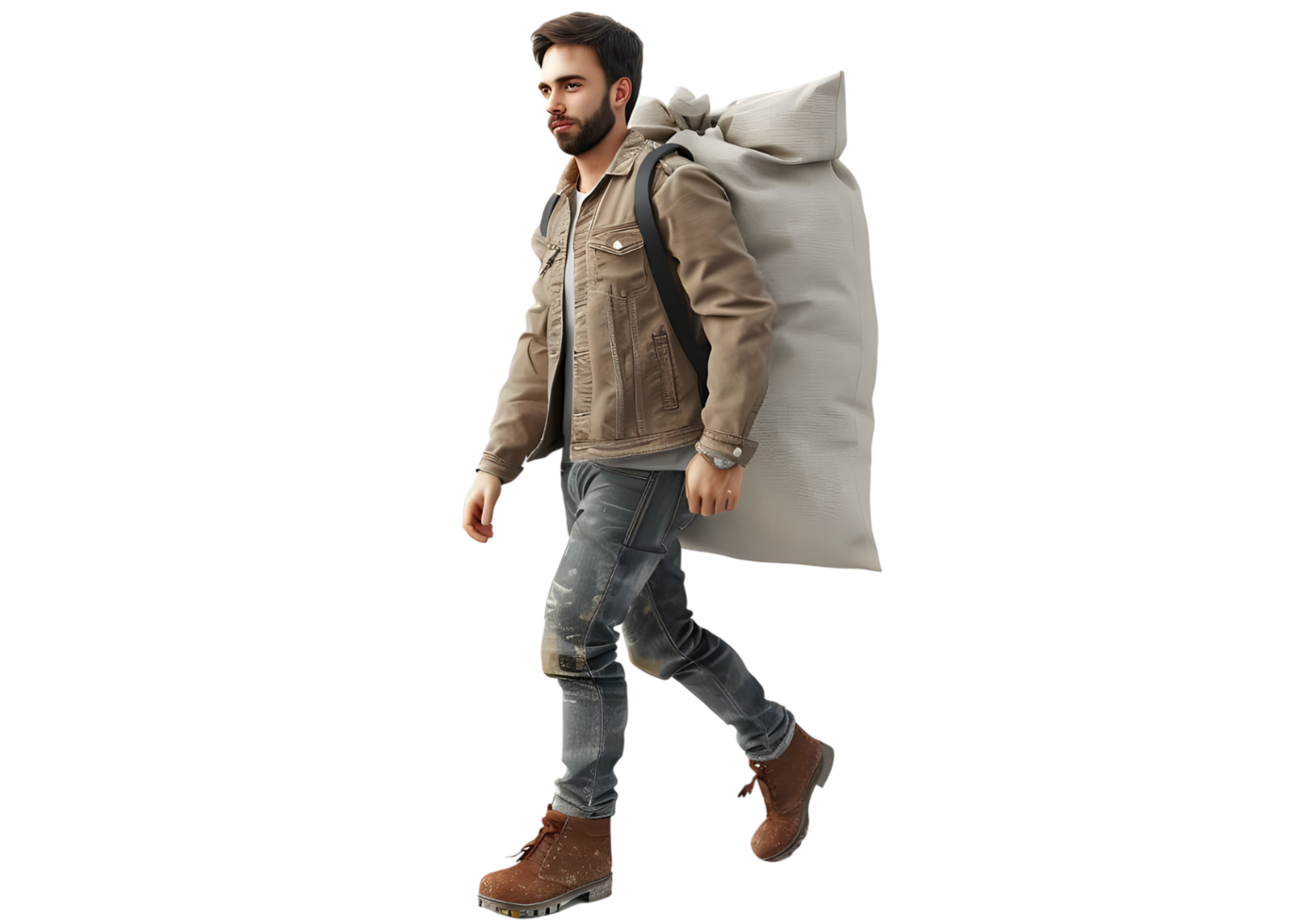 Young man carrying a large bag, walking. Isolated on transparent background png