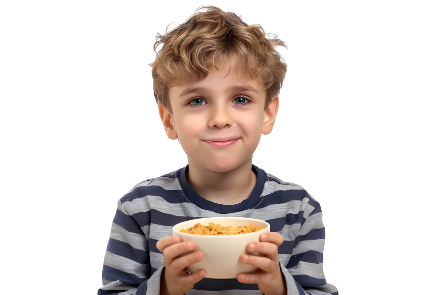 Young boy enjoying a bowl of cereal. Isolated on transparent background png