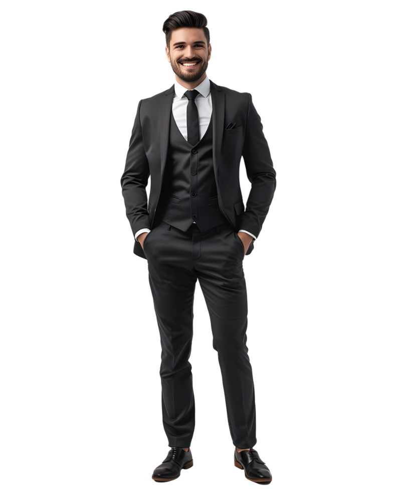 Handsome businessman in a black suit standing with hands in pockets. Isolated on transparent background png