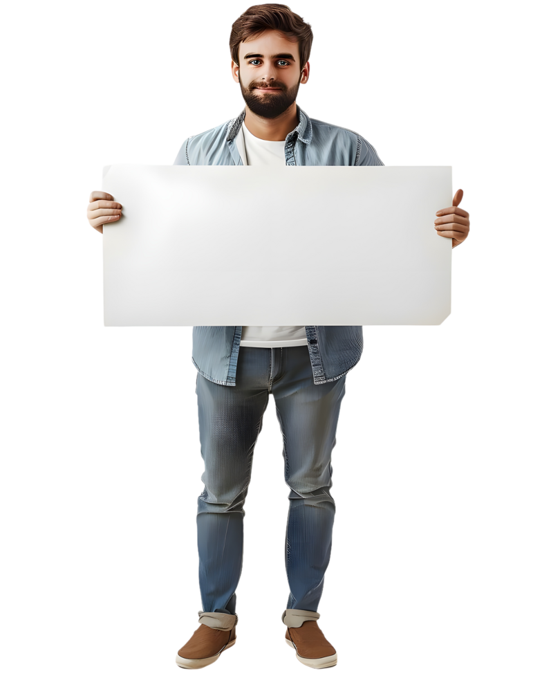 Man holding blank sign, smiling and looking at the camera. Isolated on transparent background png