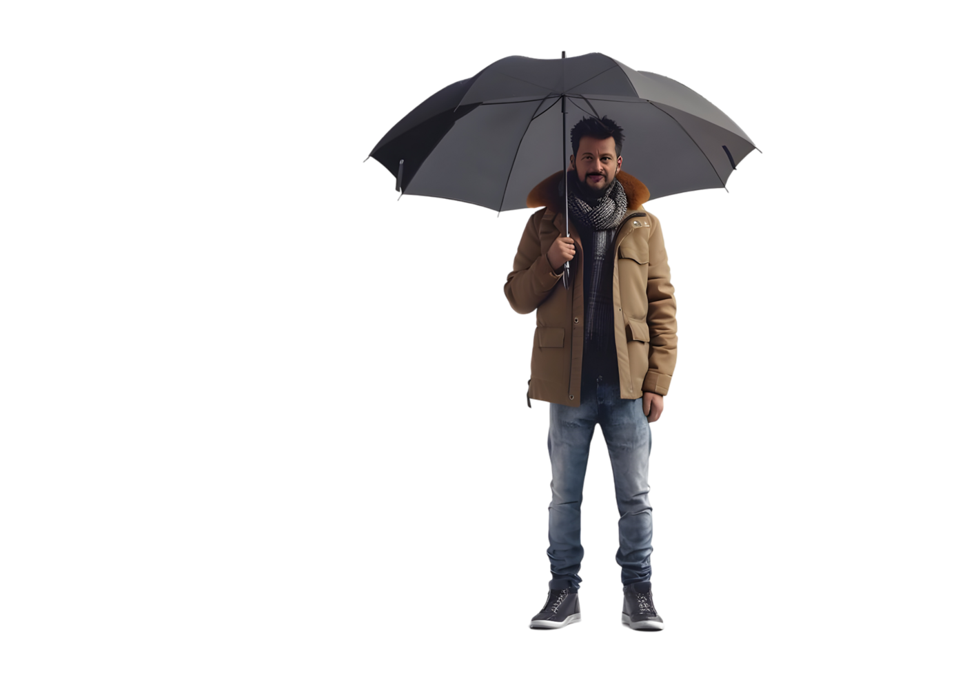 Man with umbrella in a stylish outfit. Isolated on transparent background png