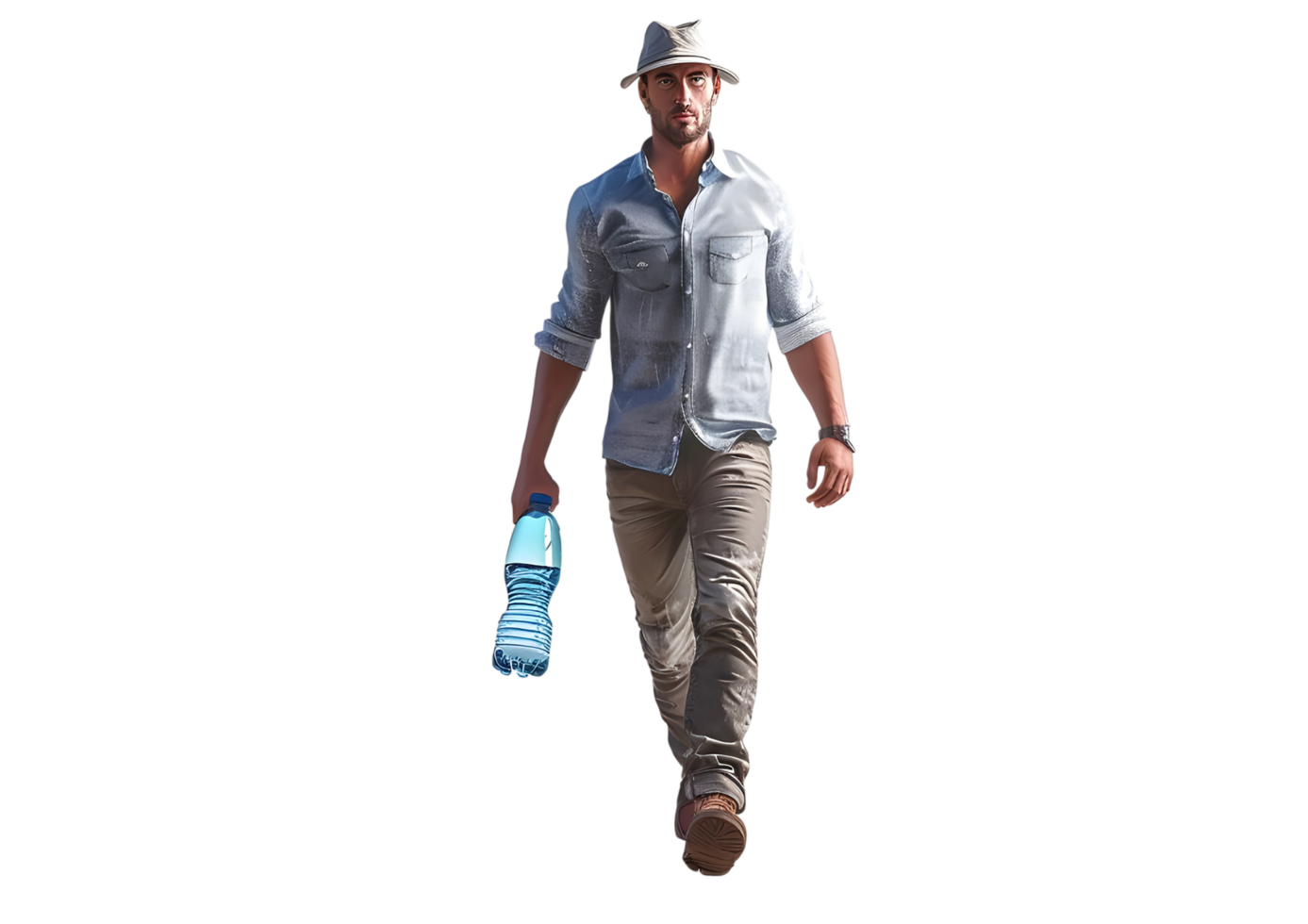 Man in casual wear walking down the street with a water bottle. Isolated on transparent background png