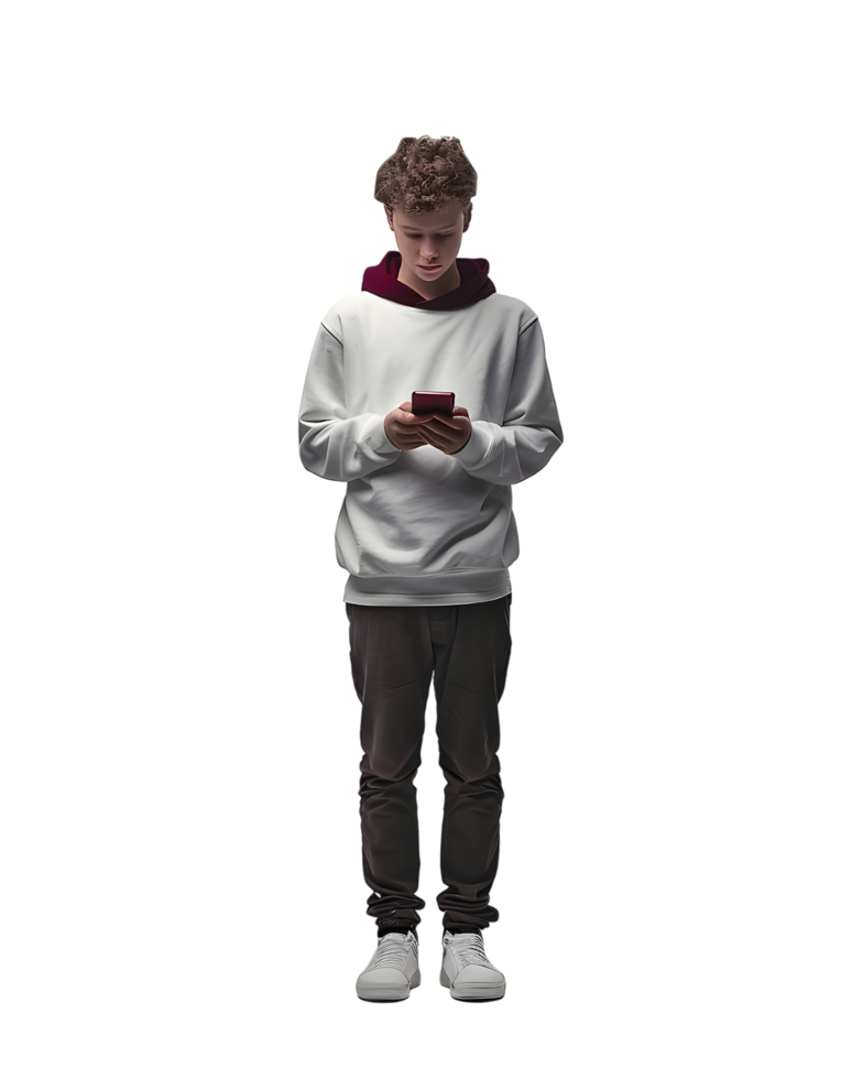 Young man using a smartphone. Isolated on transparent background png