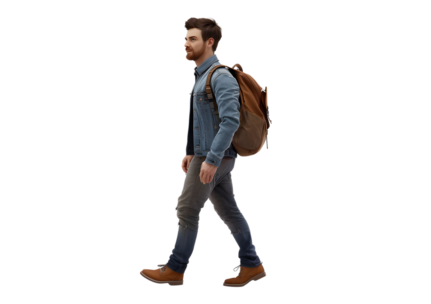 Young Man Walking with Backpack. Isolated on transparent background png