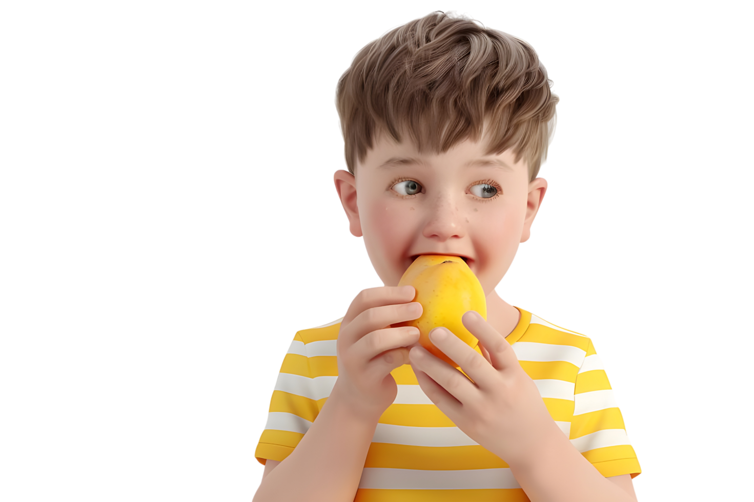 Boy eating a mango. Isolated on transparent background png