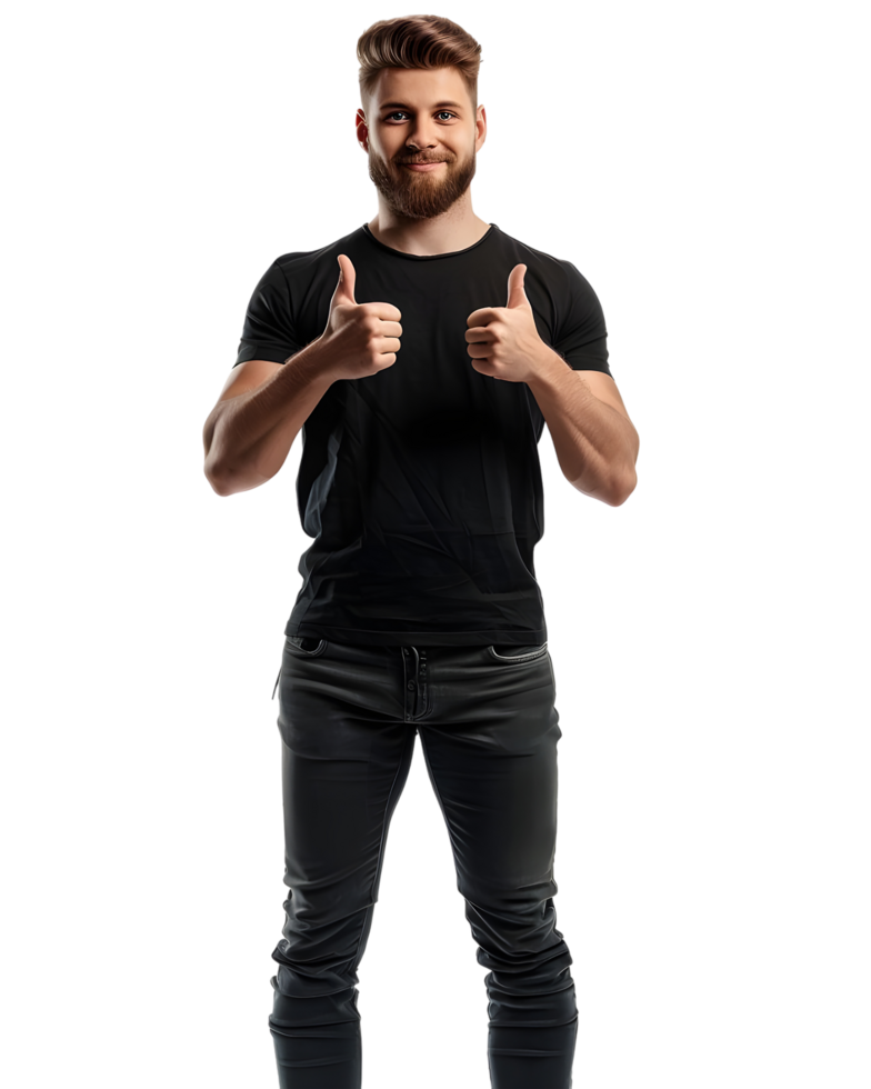 Smiling man with thumbs up, casual style. Isolated on transparent background png