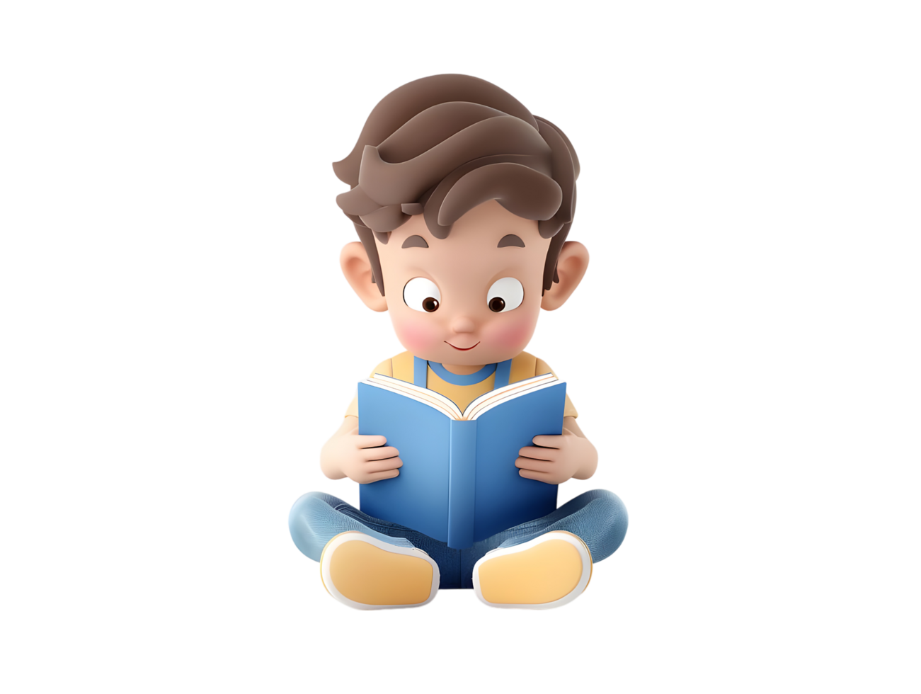 Cute cartoon boy engrossed in reading a book. Isolated on transparent background png