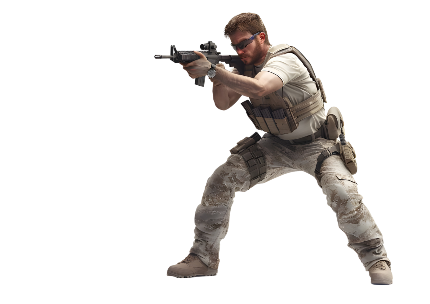 Soldier aiming rifle in a tactical stance. Isolated on transparent background png