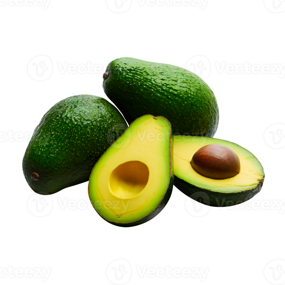 Green Avocados with half slices and a brown seed in the middle, isolated on transparent background, Fresh organic Avocado fruit png