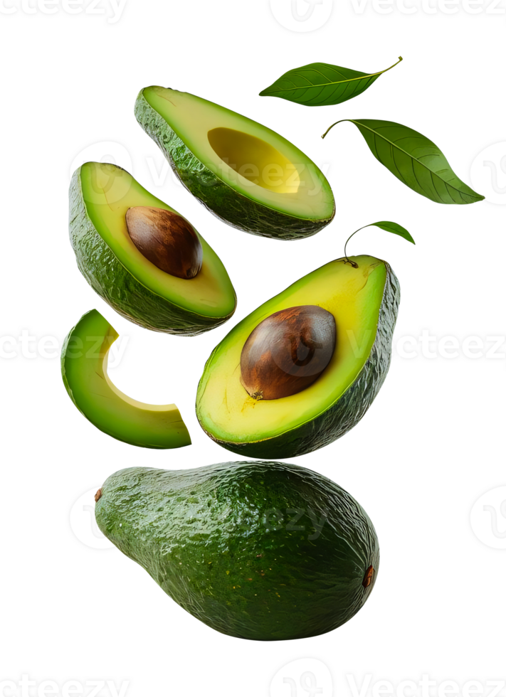 Avocados with half slices and green leaves falling, floating in the air, isolated on transparent background, Fresh organic Avocado fruit png