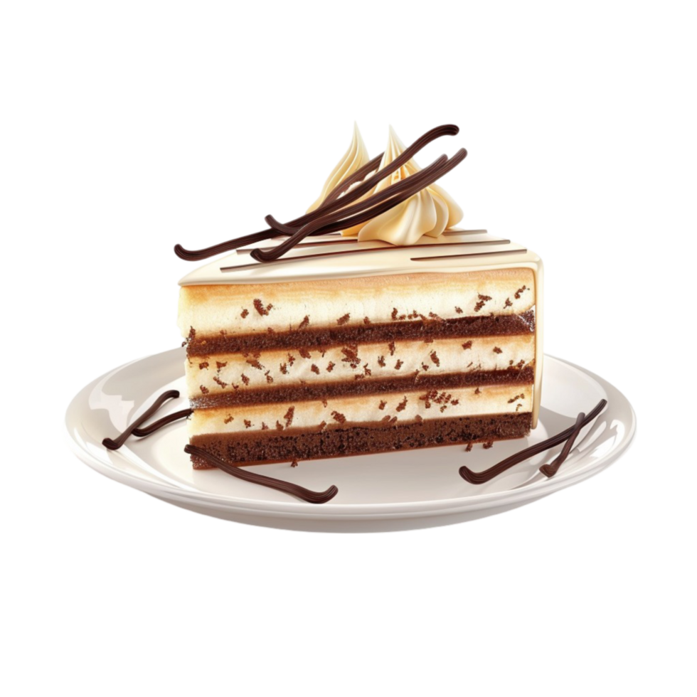 Slice of Cake on a Plate with Chocolate and Cream png