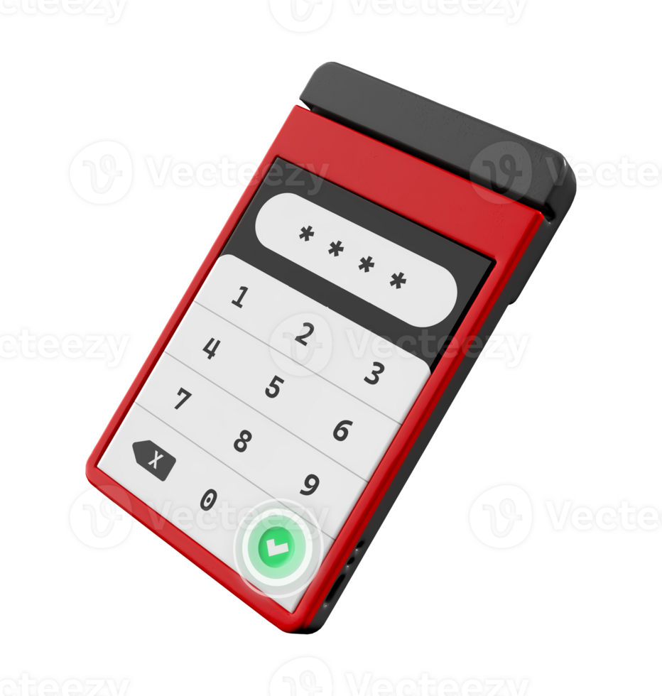 red and black cartoon credit card machine with password and green button selected png
