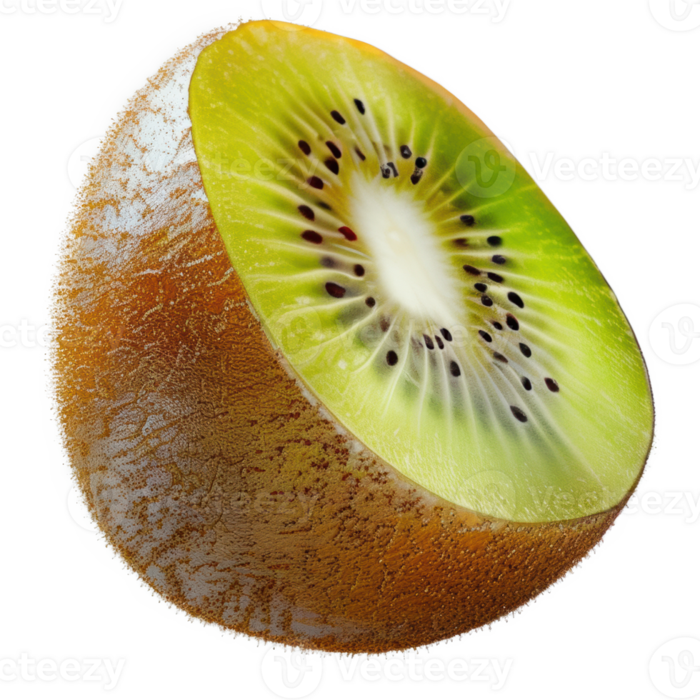 Half Kiwi Fruit Showing Seeds and Bright Green Flesh Isolated on Transparent Background for Food Design png