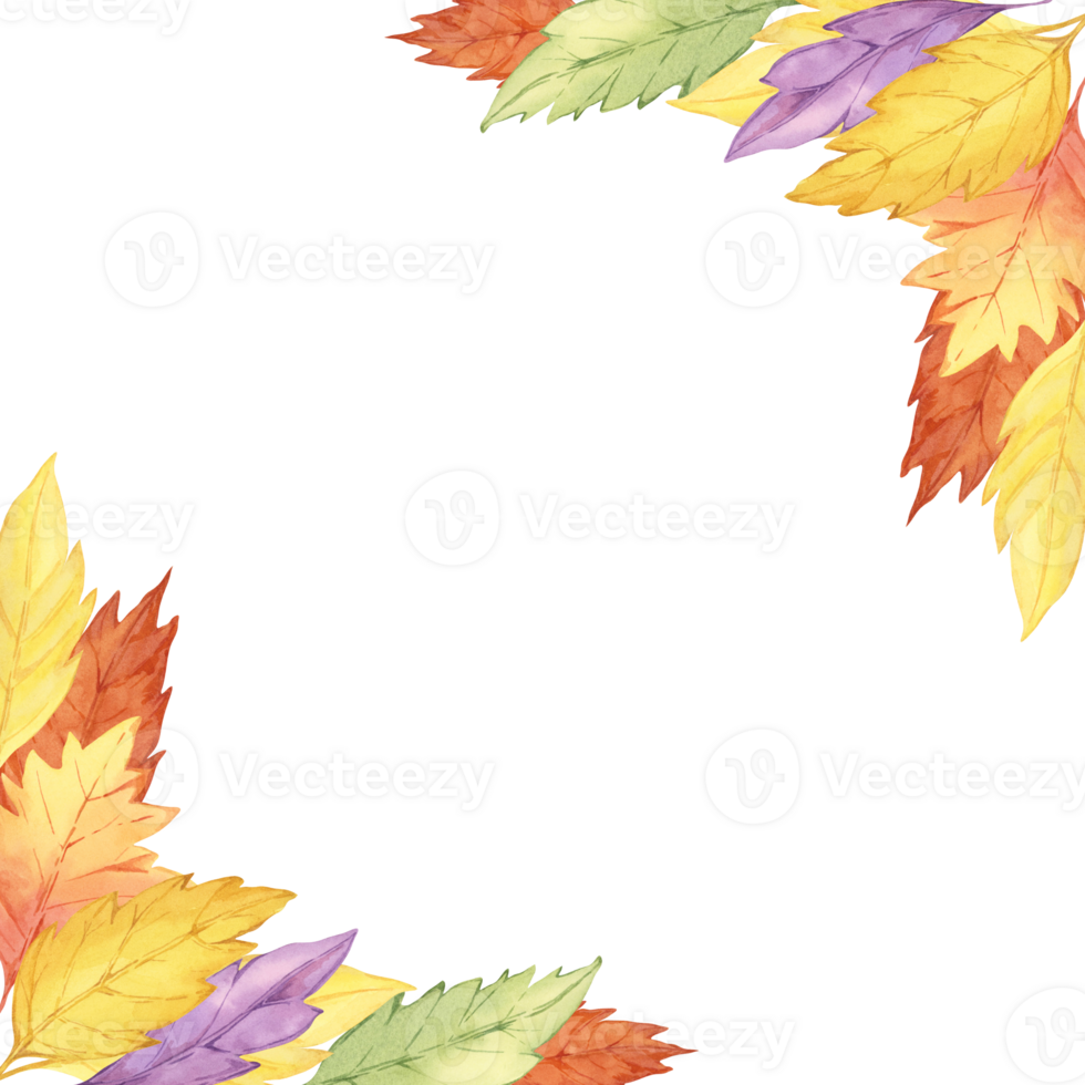 Leaves watercolor clipart frame featuring vibrant yellow, orange, and purple leaves arranged in the corners. Perfect for seasonal greeting cards, invitations, and autumn-themed digital designs png