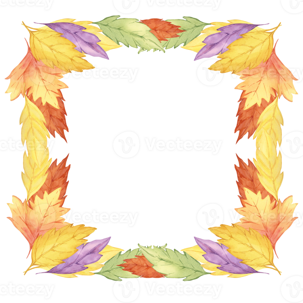 Autumn leaves watercolor clipart frame with colorful yellow, orange, and green leaves forming a rectangular border. Ideal for fall event invitations, scrapbooking, and seasonal stationery png