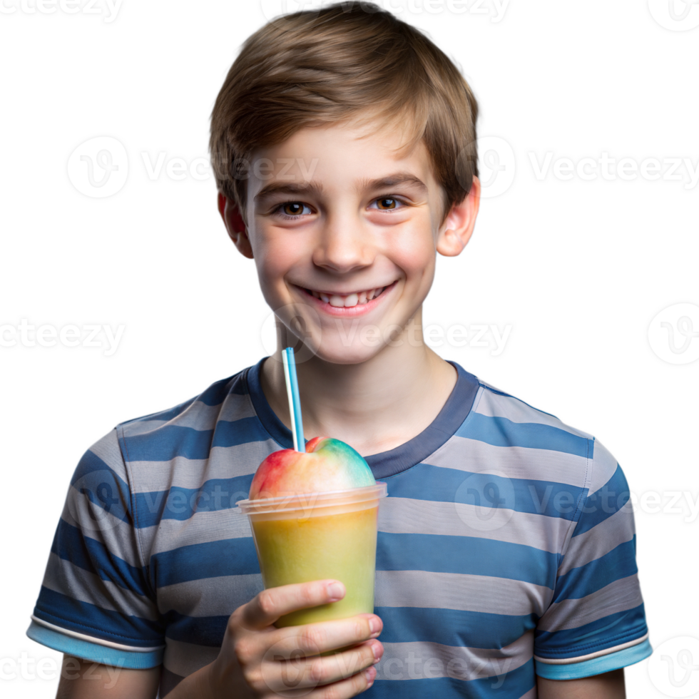 A young boy is holding a cup of ice cream with a straw in it png
