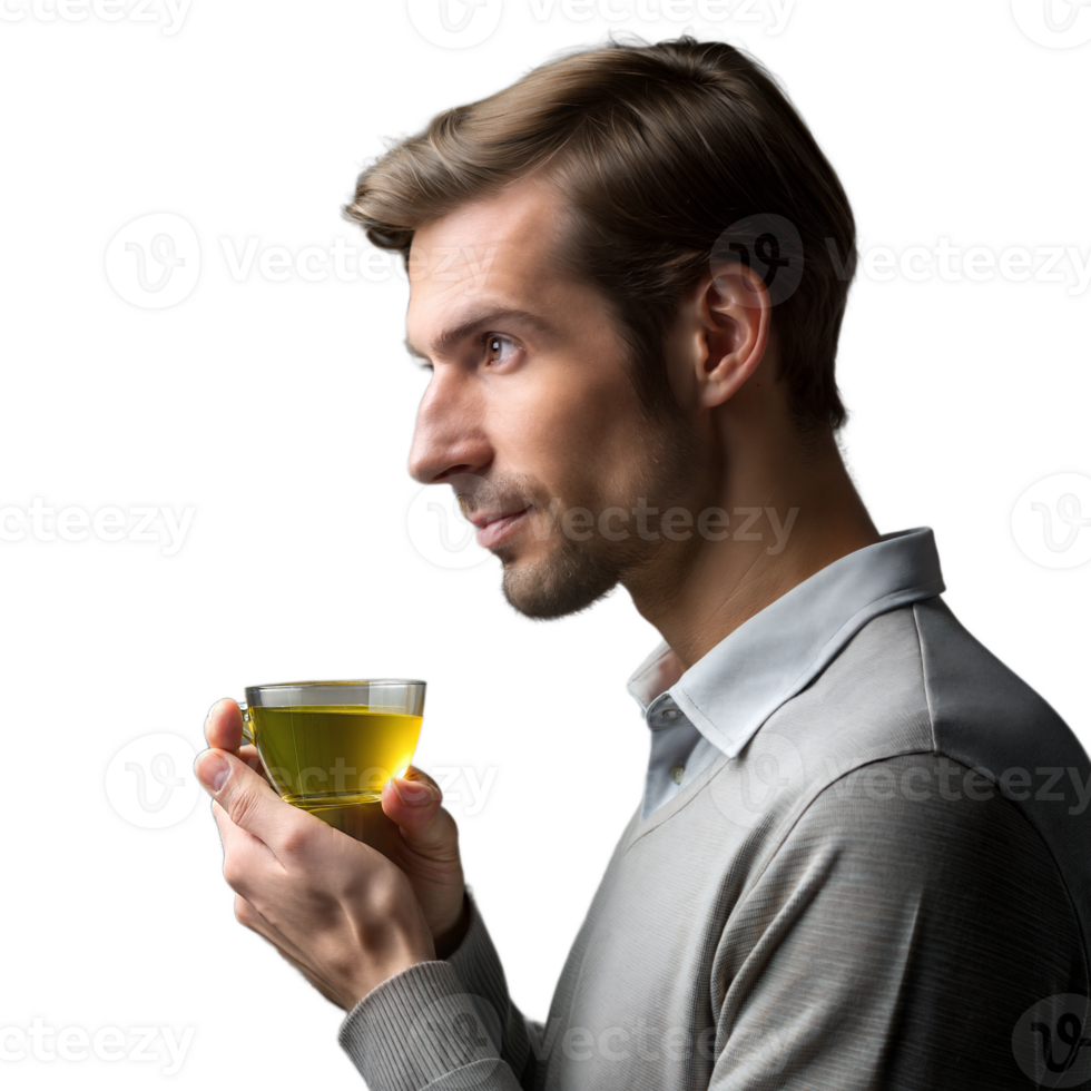 A man is holding a cup of green tea png