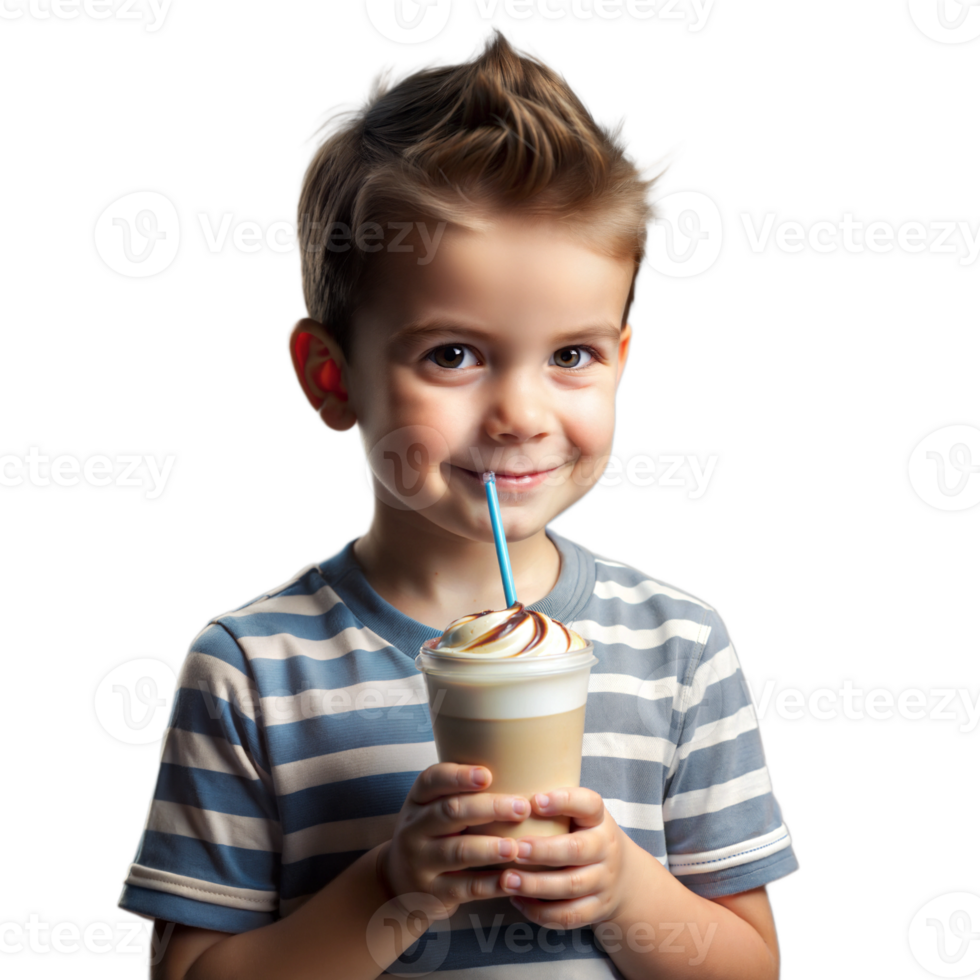 A young boy is holding a cup of coffee with a straw in it png