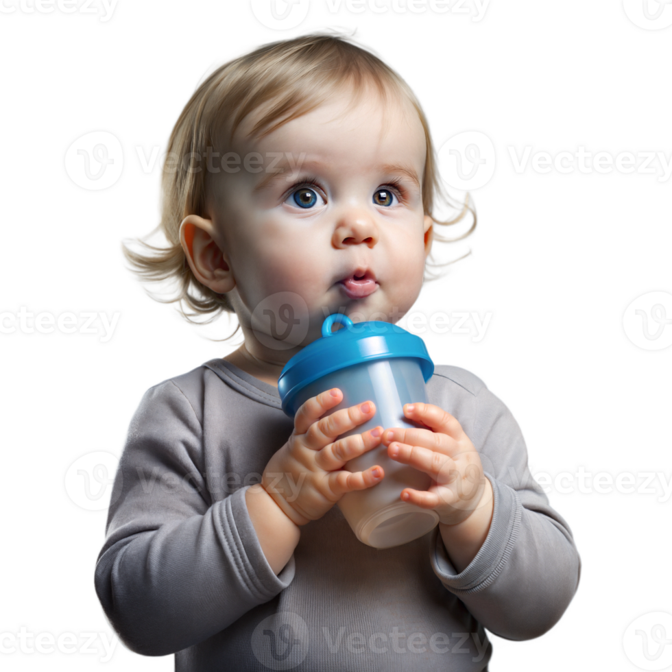 A baby is holding a cup and drinking from it png