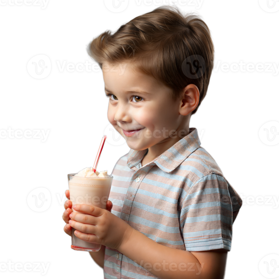 A young boy is holding a straw in a glass of milkshake png