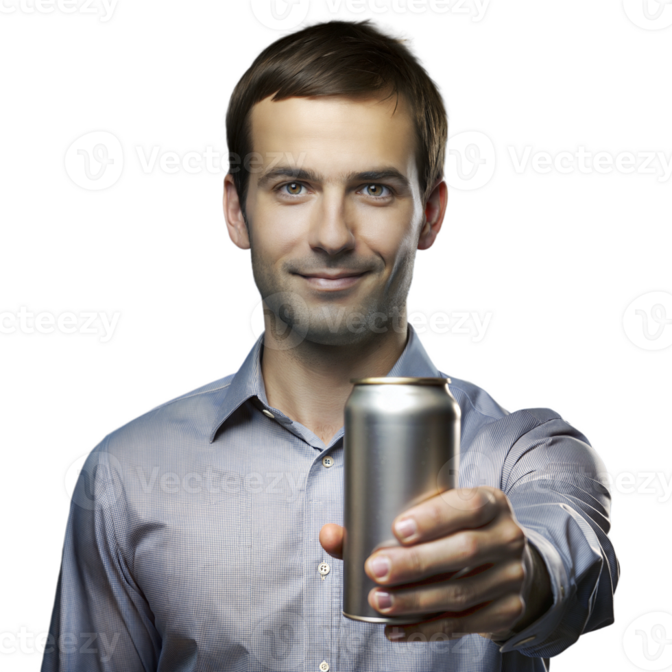 A man is holding a can of soda and smiling png