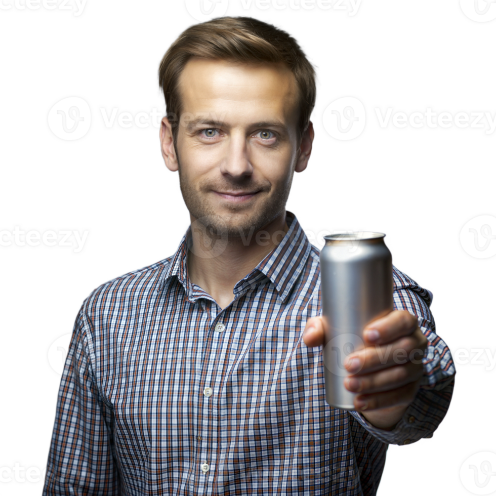 A man is holding a can of beer and smiling png
