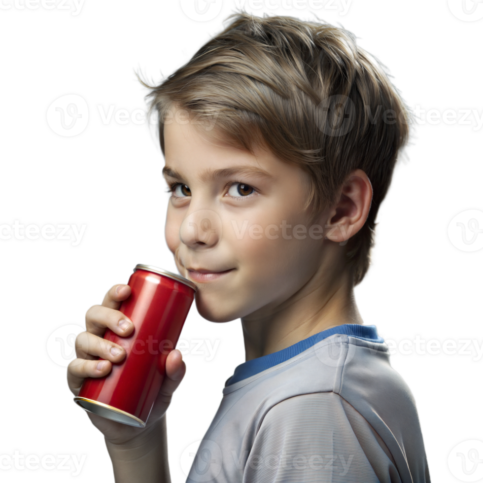 A young boy is holding a can of soda and smiling png