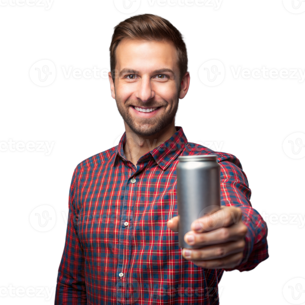 A man in a plaid shirt is holding a can of soda and smiling png
