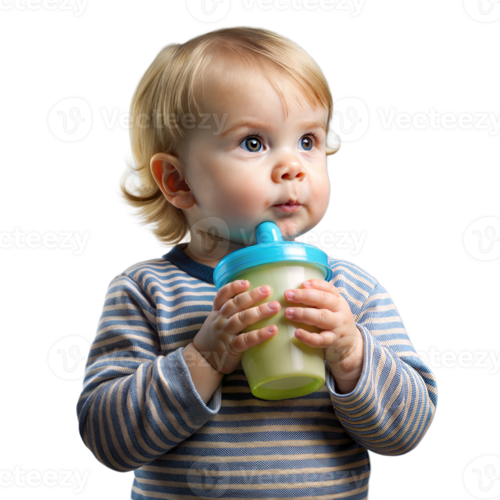 A baby holding a cup with a blue lid png