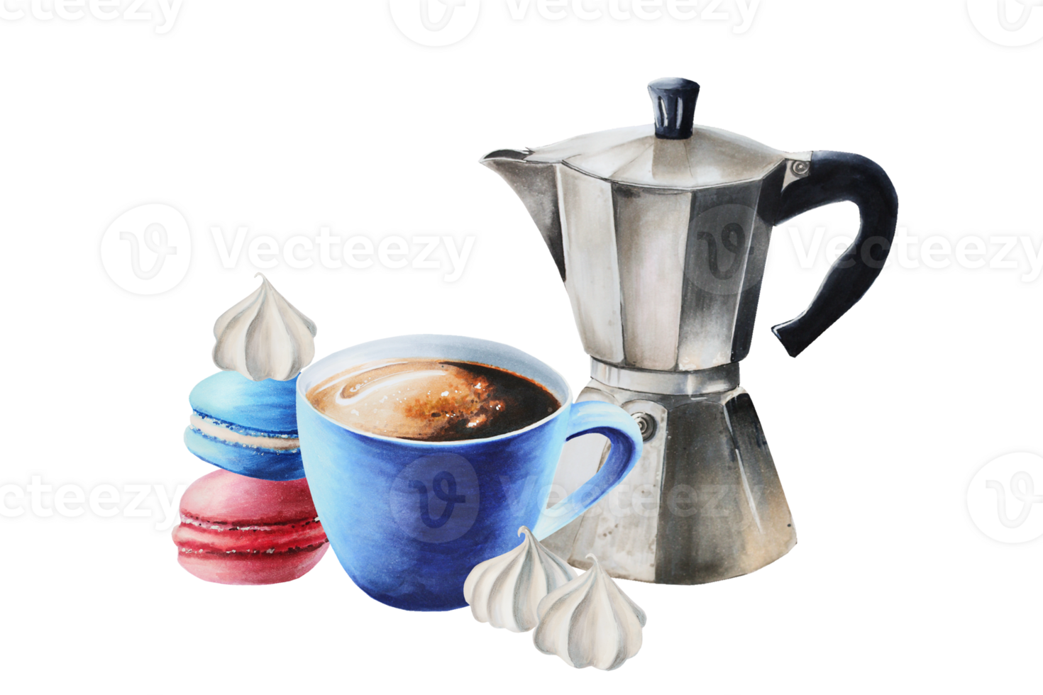Geyser coffee maker, porcelain cup with americano coffee. Crispy meringues, sweet macaroons. Hand painting watercolor illustration isolated on background. For designers, menu, shop, bar, bistro, r png