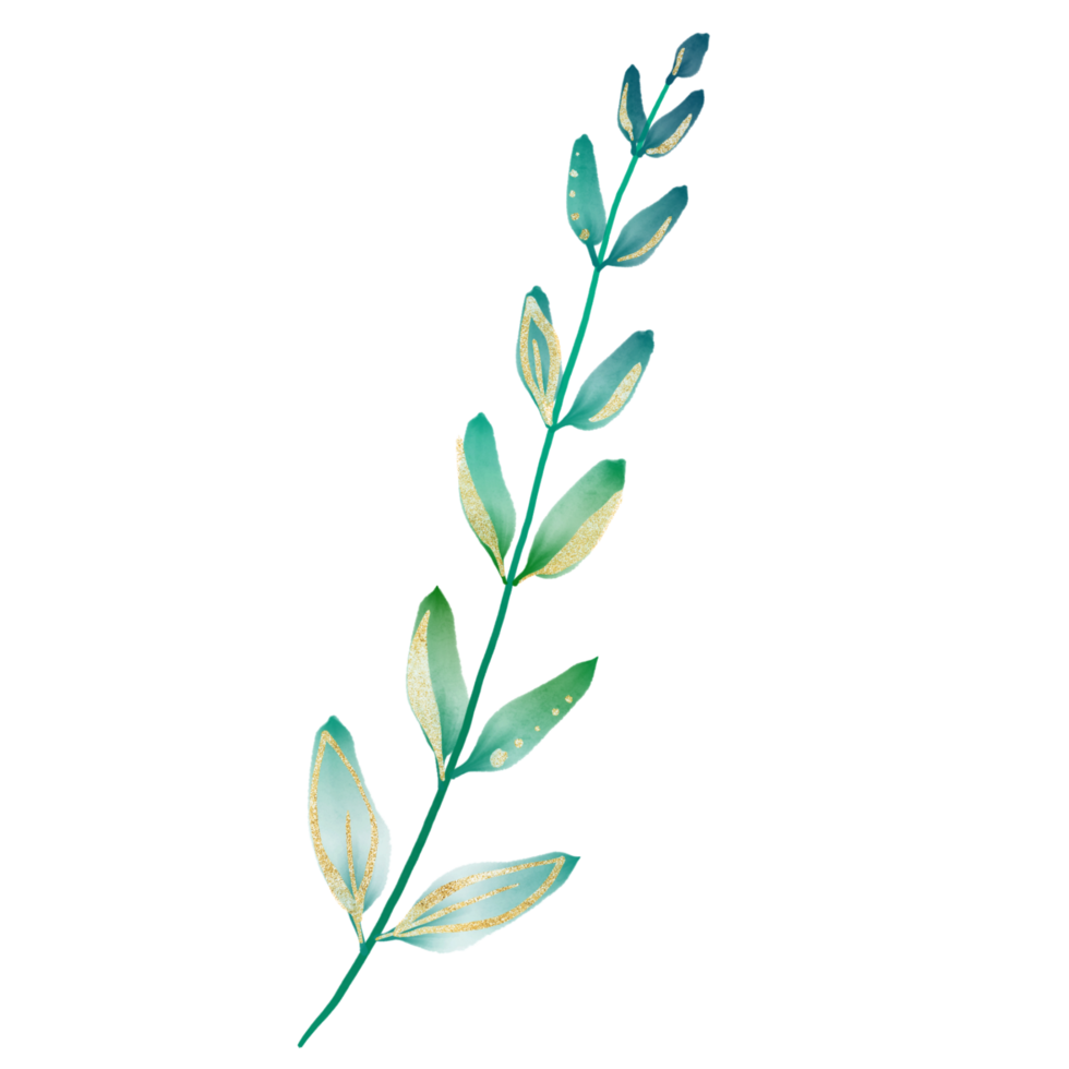 Watercolor Green and Gold Branch with Leaves on a Transparent Background png