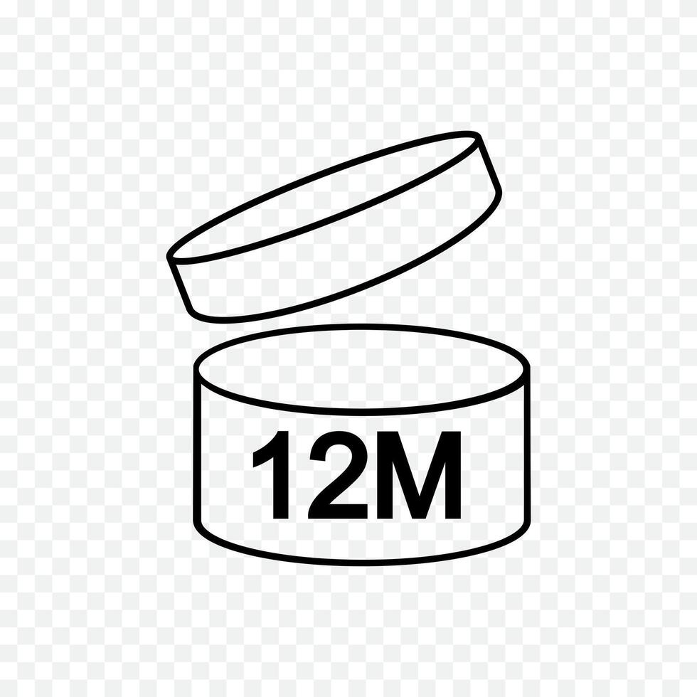 12m PAO icon. 12 months period after opening sign. Thin line jar with open lid and numbers. Product freshness time. Cosmetic, shampoo, makeup validity label isolated vector