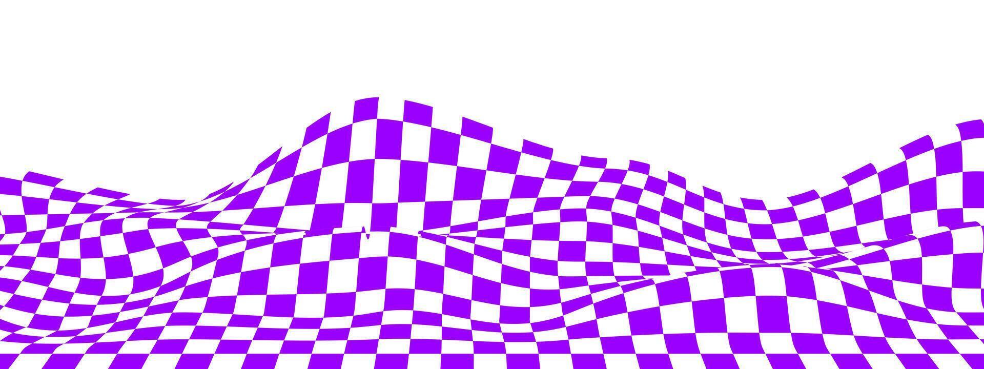 Waved checkered pattern background. Warped texture with purple and white squares. Undulate chessboard, checkerboard, flag, textile plaid, tile floor surface. vector