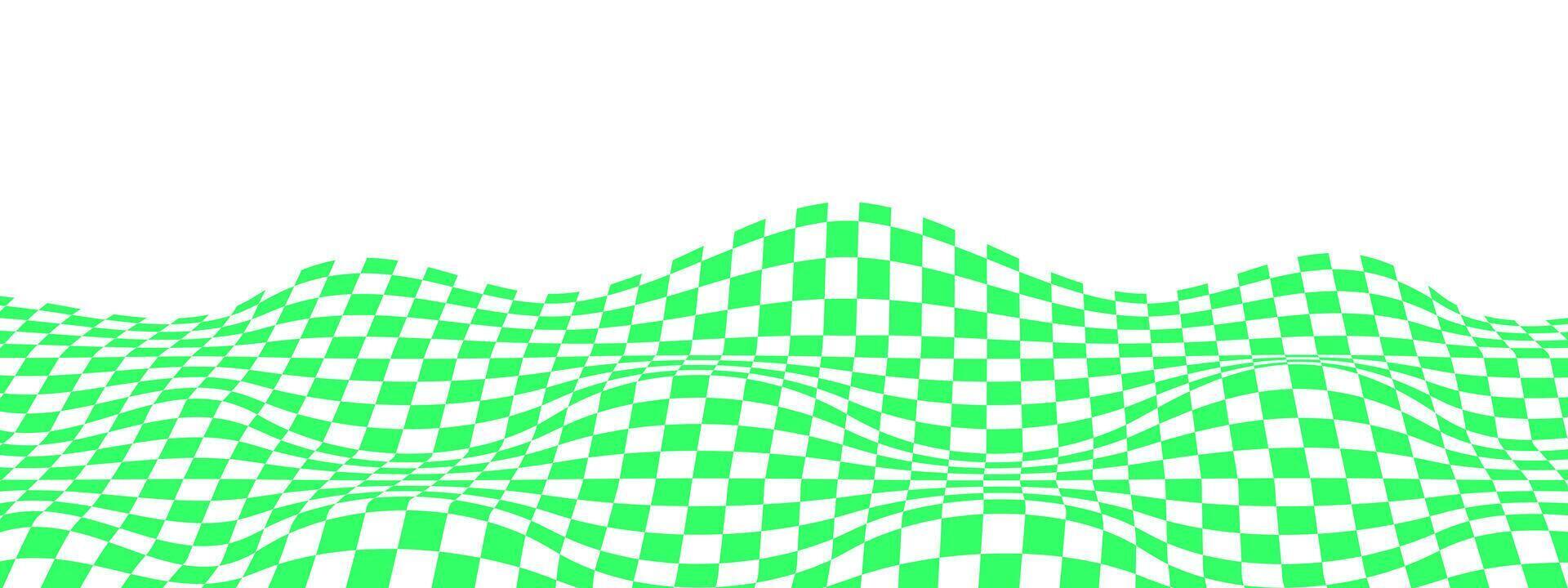 Warped texture with green and white squares. Undulate chessboard, race flag, textile plaid, tile floor surface. vector