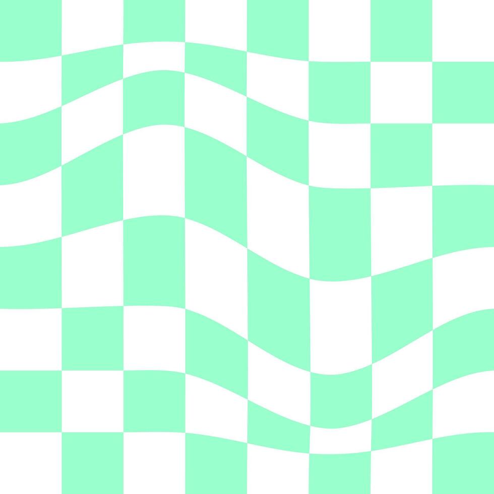Distorted chessboard texture. Checkered optical illusion. Psychedelic dizzy pattern with warped green and white squares. Trippy checkerboard background. vector