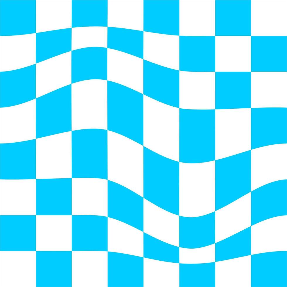 Distorted chess board background. Undulate plaid texture. Checkered visual illusion. Psychedelic pattern with warped blue and white squares. Trippy checkerboard surface. vector