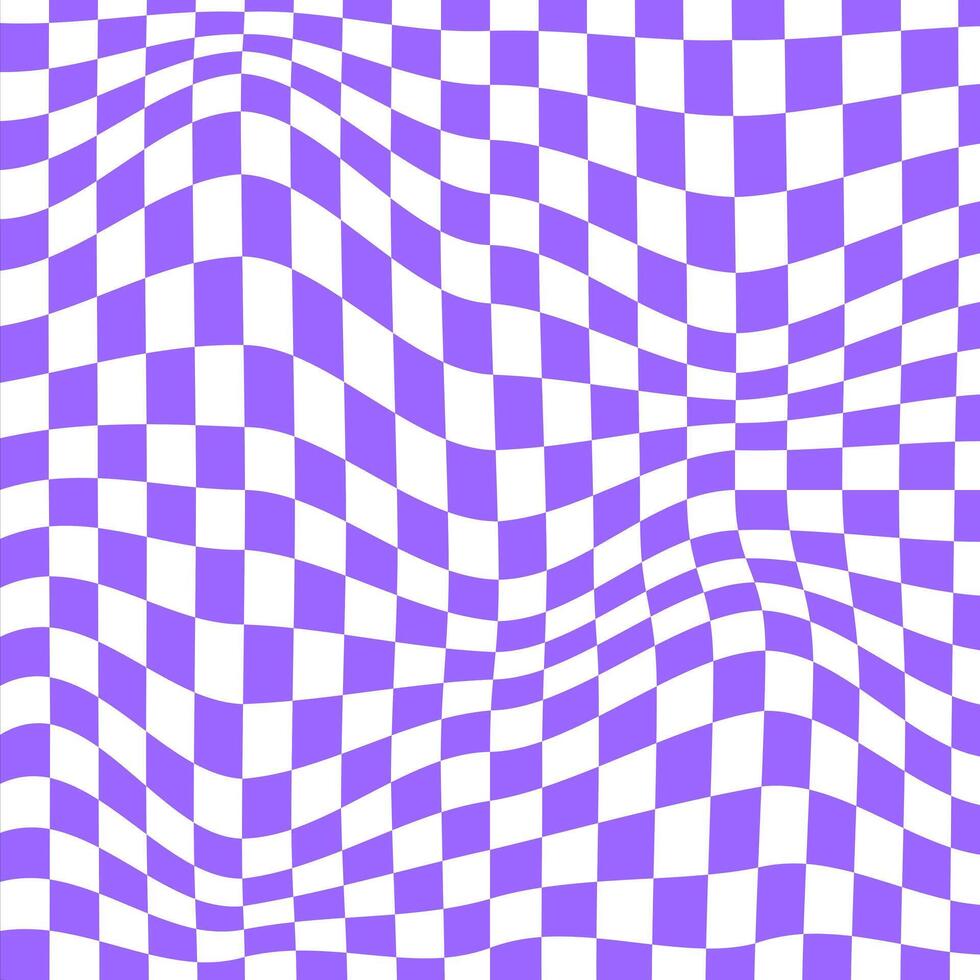 Distorted chess board background. Undulate plaid texture. Checkered visual illusion. Psychedelic pattern with warped blue and white squares. Trippy checkerboard surface. vector