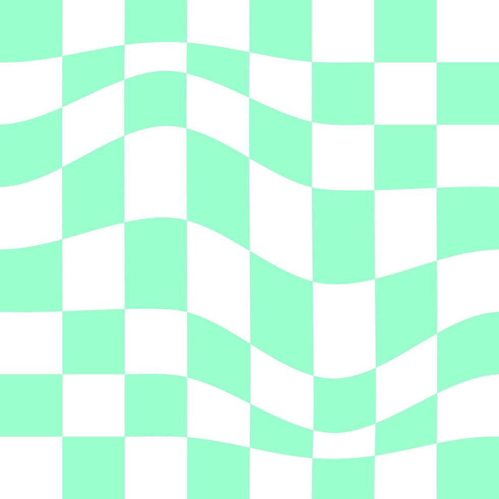 Distorted chess board background. Undulate plaid texture. Checkered visual illusion. Psychedelic pattern with warped blue and white squares. Trippy checkerboard surface. vector