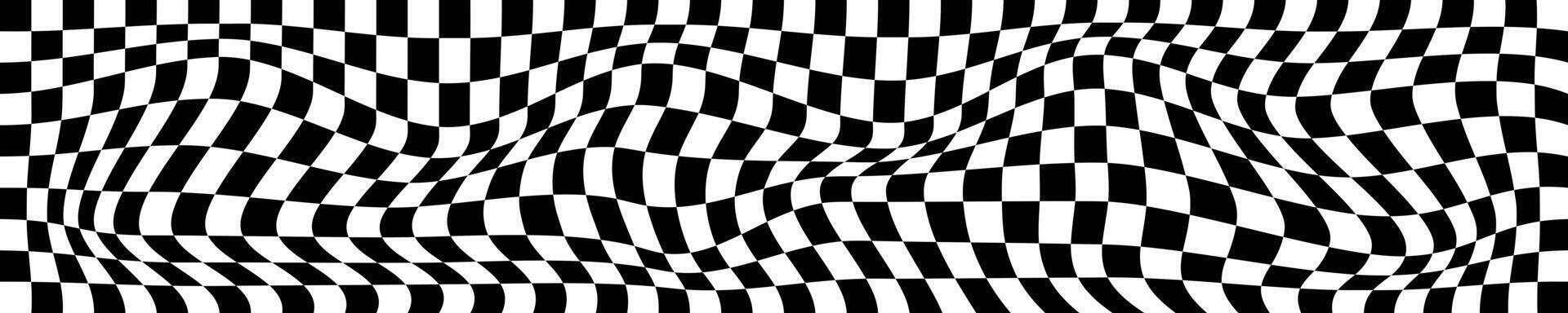 Distorted chessboard background. Checkered optical illusion. Psychedelic dizzy pattern with warped black and white squares. Trippy checkerboard surface. Race flag texture. vector