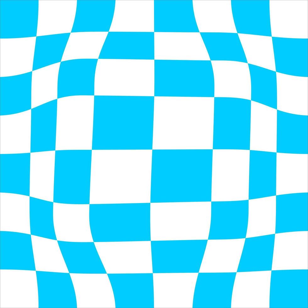 Distorted purple and white chessboard background. Crazy checkerboard texture. Chequered optical illusion. Psychedelic pattern with warped squares. Hypnotizing game. vector