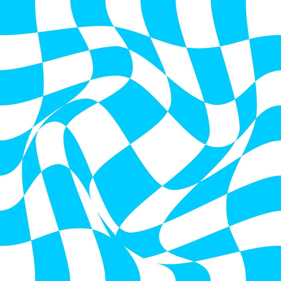 Distorted chess board background. Undulate plaid texture. Checkered visual illusion. Psychedelic pattern with warped blue and white squares. Trippy checkerboard surface. vector