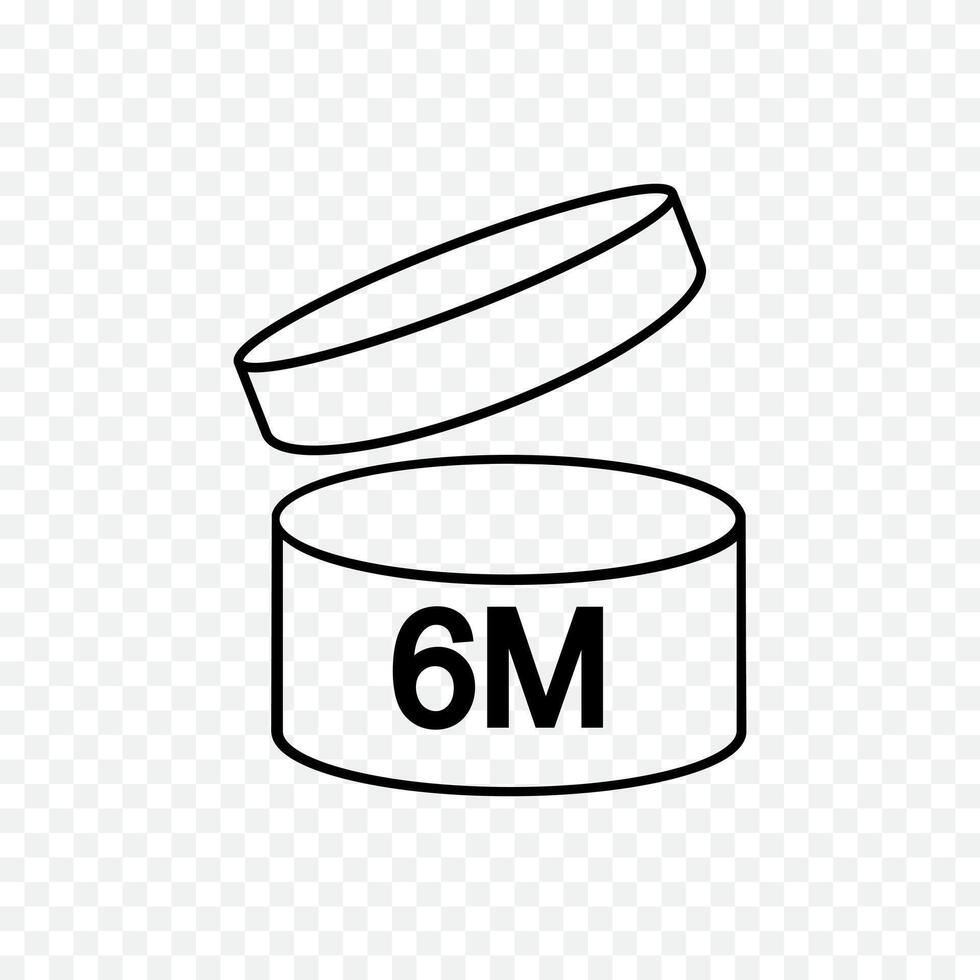 6m PAO icon. 6 months period after opening sign. Thin line jar with open lid and numbers. Product freshness time. Cosmetic, shampoo, makeup validity label isolated vector