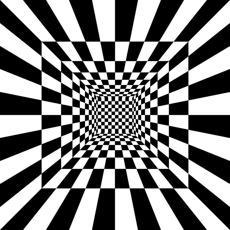 Square room with checkered surface. Hall, studio or portal interior texture in perspective. Inside structure of box with black and white squared pattern. 3D dimension. vector