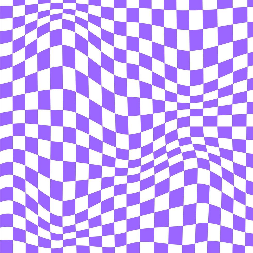 Psychedelic pattern with warped purple and white squares. Distorted chessboard background. Dizzy checkered optical illusion in y2k style. Trippy checkerboard surface. vector